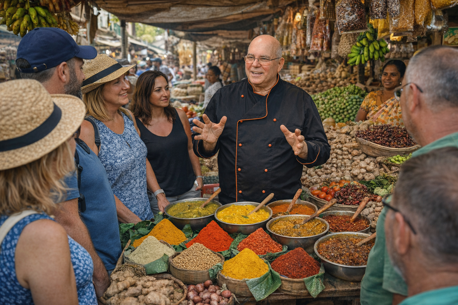 שף שלום שטרית מדריך קבוצה בסיור קולינרי בסרי לנקה ומסביר על אוכל מקומי, תבלינים ומנות מסורתיות בשוק צבעוני